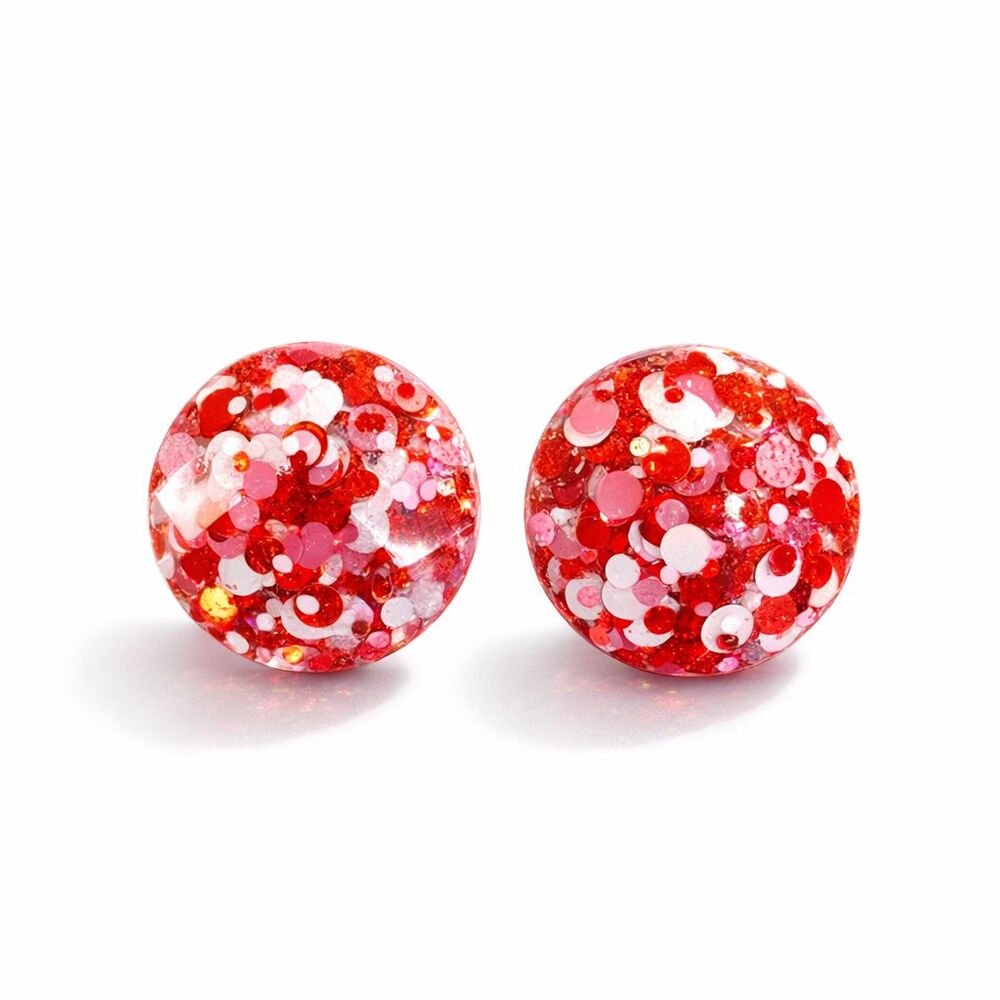 Sparkling Red Pink White Glitter Resin Stud Dome Cabochon Fashion Earrings USED